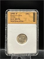 Graded 90% Silver Roosevelt Dime 1946P MS70