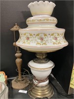 Floral Stenciled Hurricane Lamp, Brass Lamp.