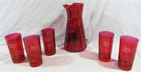 6- VINTAGE CRANBERRY GLASS PITCHER & CUPS