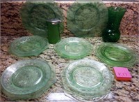J - LOT OF VINTAGE GREEN GLASSWARE PLATES & VASES
