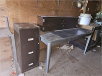 Shop Table, File Cabinet, & Wooden Box