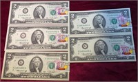 (5) 1976 Consecutive Number Stamped $2 Bills