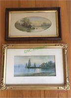 2 antique framed prints, sailboats on the lake