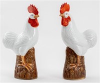 Chinese Export Porcelain Rooster Sculptures, Pair