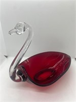 Vtg Ruby Red & Clear Glass Swan Candy Dish