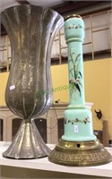 Green glass painted lamp base, & tall metal vase,