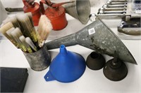 GROUP OF FUNNELS, OILER, AND PAINT BRUSHES