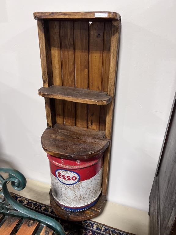 REPURPOSED 3 TIER WOOD SHELF W/ ESSO CAN