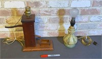 BOX LOT: 2 SMALL LAMPS- ONE WOODEN & ONE POTTERY