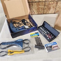 Drill, filter wrenches, oil drain socket set,