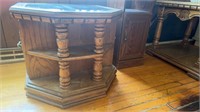 WOOD SIDE TABLE WITH GLASS TOP & CABINET WITH DOOR