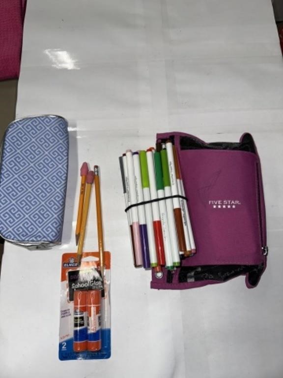 2-PENCIL BAGS WITH PENCILS  MARKERS & GLUE