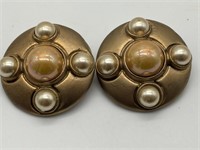 Vintage Copper & Gold Tone Faux Pearl Earrings