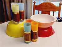 Pyrex Mixing Bowls, Walnut Jacketed Tumblers