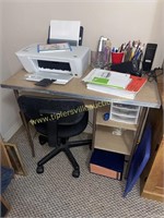 Desk, office chair and printer