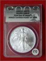 2008 American Eagle ANACS MS70 1 Ounce Silver