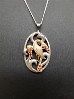 Silver Bird Pendant With Orange Stones Necklace