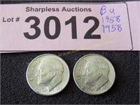 Two uncirculated 1958 Roosevelt silver dimes