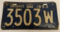 1953 ONTARIO SINGLE EMBOSSED TIN LICENSE PLATE