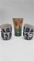 4 POTTERY CUPS + POPPY VASE