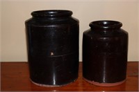 2 Brown Glazed Pottery Crocks or Pickling Jars