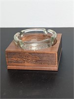 Vtg. Engraved Walnut Ashtray Base w/ Glass Ashtray