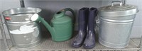 Lot -  Watering Can, Boots, Galvanized Metal