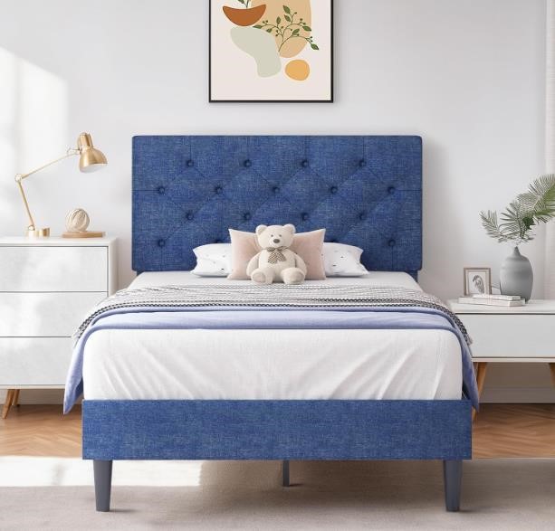 Linen Fabric Uphol Twin Bed Frame w/Headboard Blue