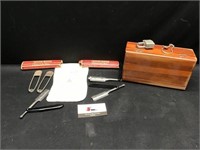 Vintage razors,  large safety pins and wood box