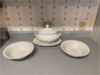 Soup Tureen and Two Fall Themed White Bowls
