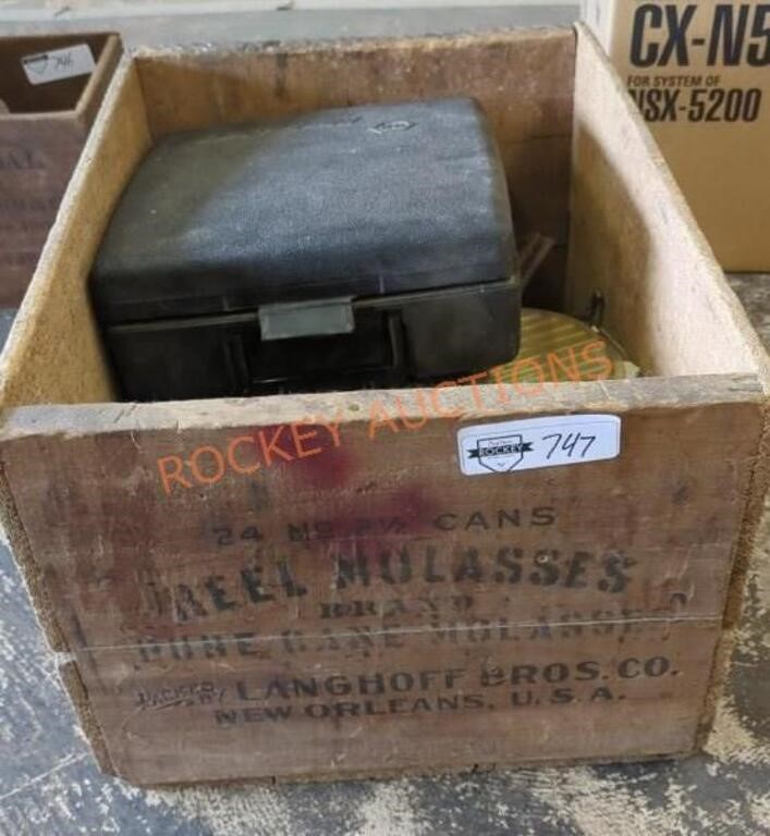 Vintage reel molasses wood crate with tool