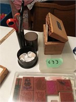 rubber stamps, wood recipe box, more