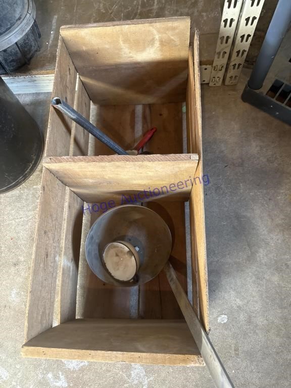 WOOD CRATE, LADLES, PAN, FUNNEL, IN GARAGE