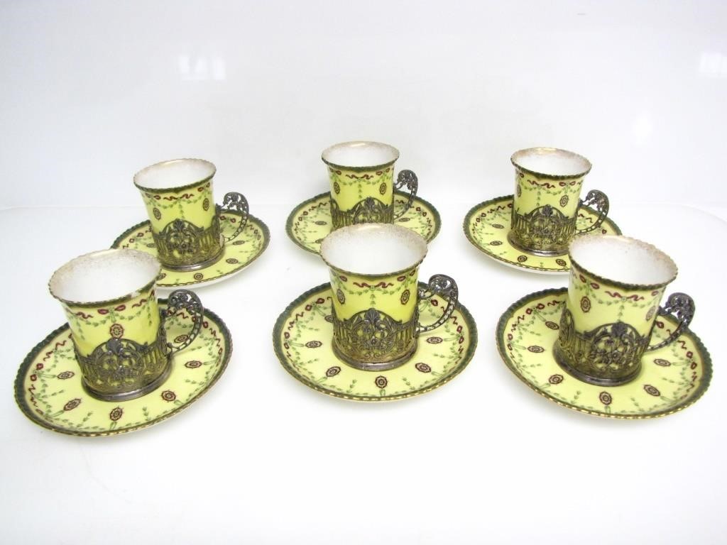 SET OF 6 TEACUPS & SAUCERS W/ STERLING CUP HOLDERS