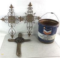 5-gallon Chevron Oil Bucket & Cast Iron Crosses