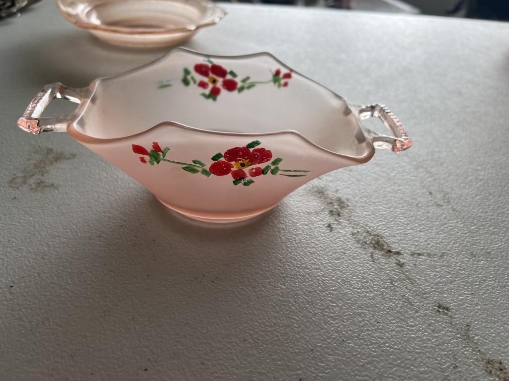 Hand painted pink depression glass