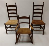Two Ladderback Chairs and A Small Rocker