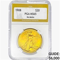 1908 $20 Gold Double Eagle PGA MS65 No Motto