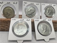 5 USA 50 CENT COINS 1968D,1971,1974,1978,AND