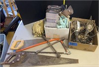 Handsaw, box of work, gloves, hanging shop