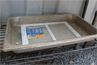 LOT OF TWO STAINLESS WARMING TRAYS AND VENT COVER