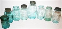 Lot of Aqua 1858 Mason Jars, Some w/ Zinc Lids,
