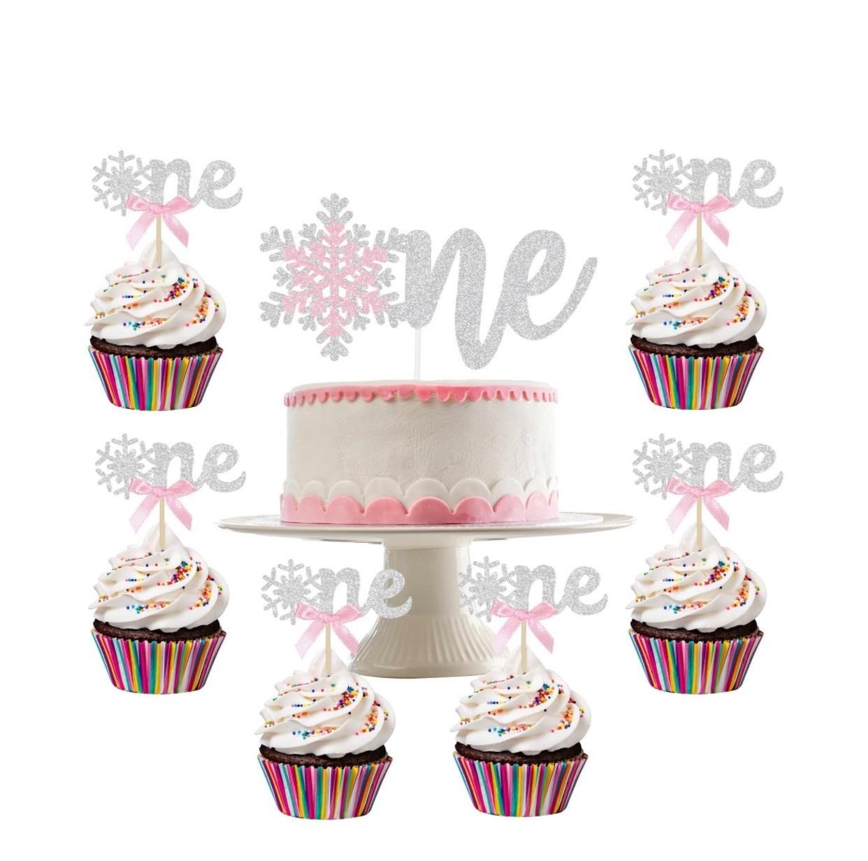 Silver Pink Snowflake One Cake Topper & Snowflake