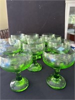 SET OF 11 GREEN STEMMED COCKTAIL GLASSES