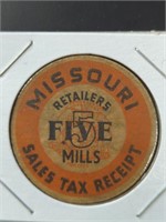 Missouri sales tax receipt. Five Mills token