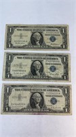 (3) ONE DOLLAR BLUE SEAL SILVER CERTIFICATES