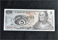 EL BANCO DE MEXICO 5 CINCO BANK NOTE BILL