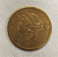 1881 S Twenty Dollar Gold Piece.