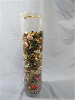 GLASS CYLINDER VASE WITH JEWELRY*SEWING SUPPLIES