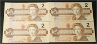 Lot of 4 Consecutive 1986 Bank of Canada $2 Bank N